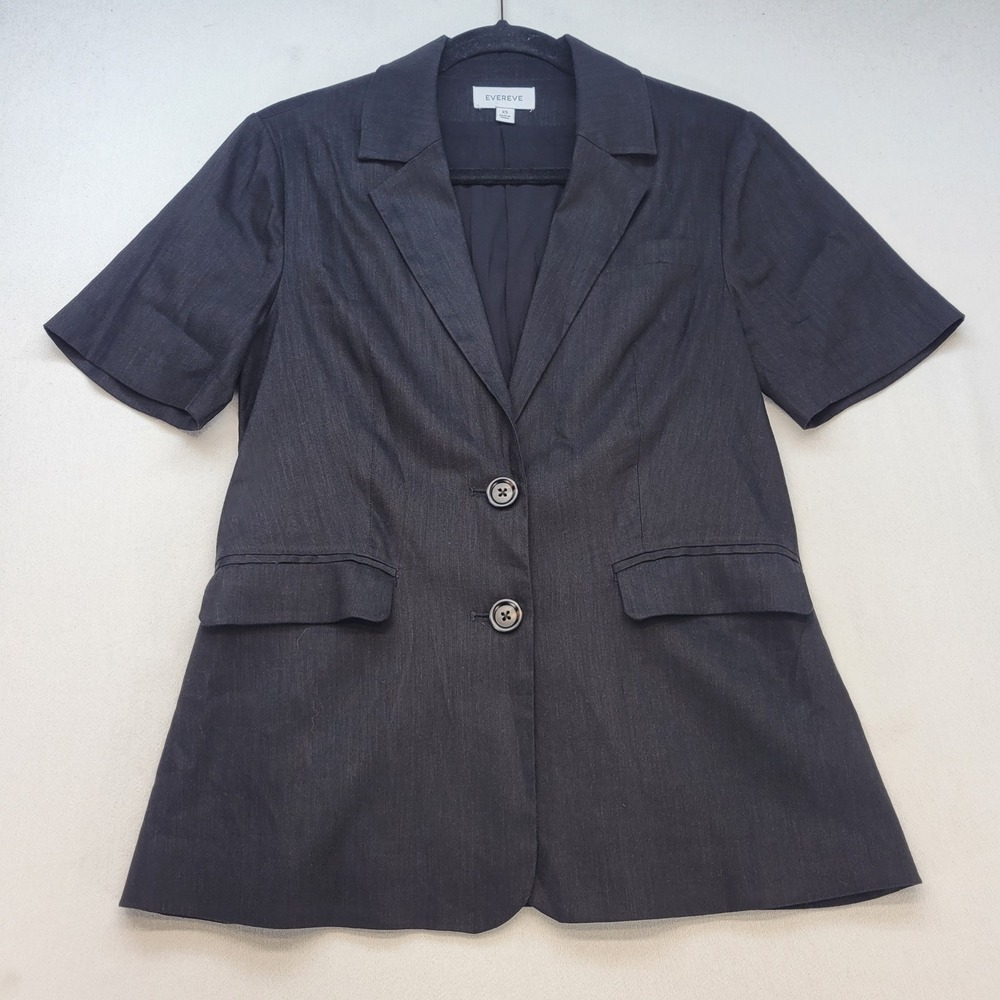 Evereve Blazer Women XS Black Solid Short Sleeve Linen Blend Two Button Jacket